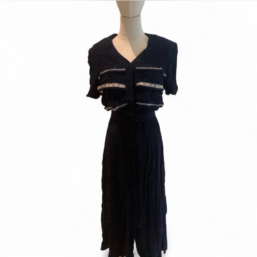 Karin Stevens — Navy Rayon Midi Dress, Size 8